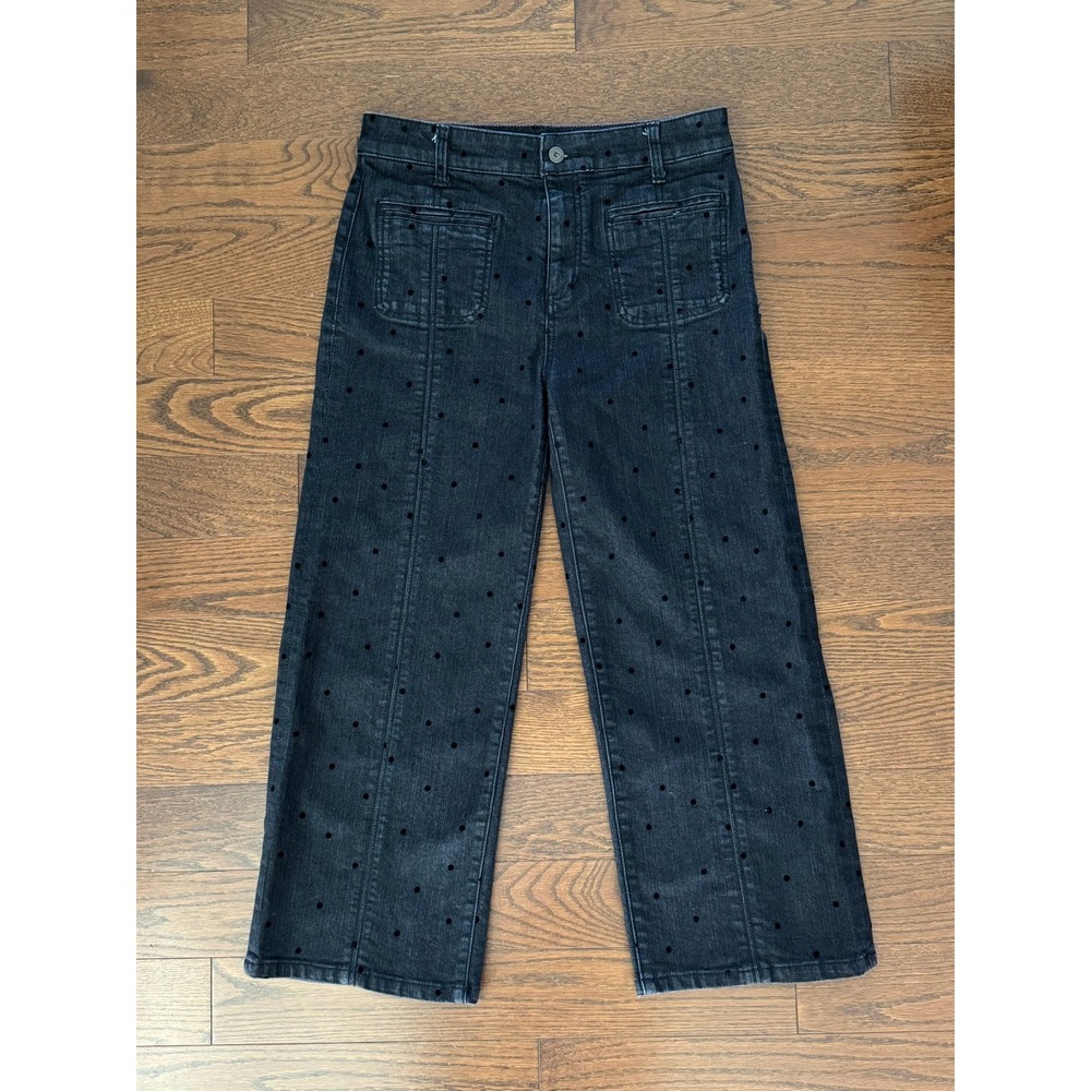 Anthropologie Pilcro High Rise Cropped Wide Leg Jeans 27 Black Polka Dot Preppy